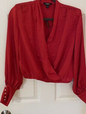 EXPRESS Red Satin Pearl Cuff Wrap Blouse XS